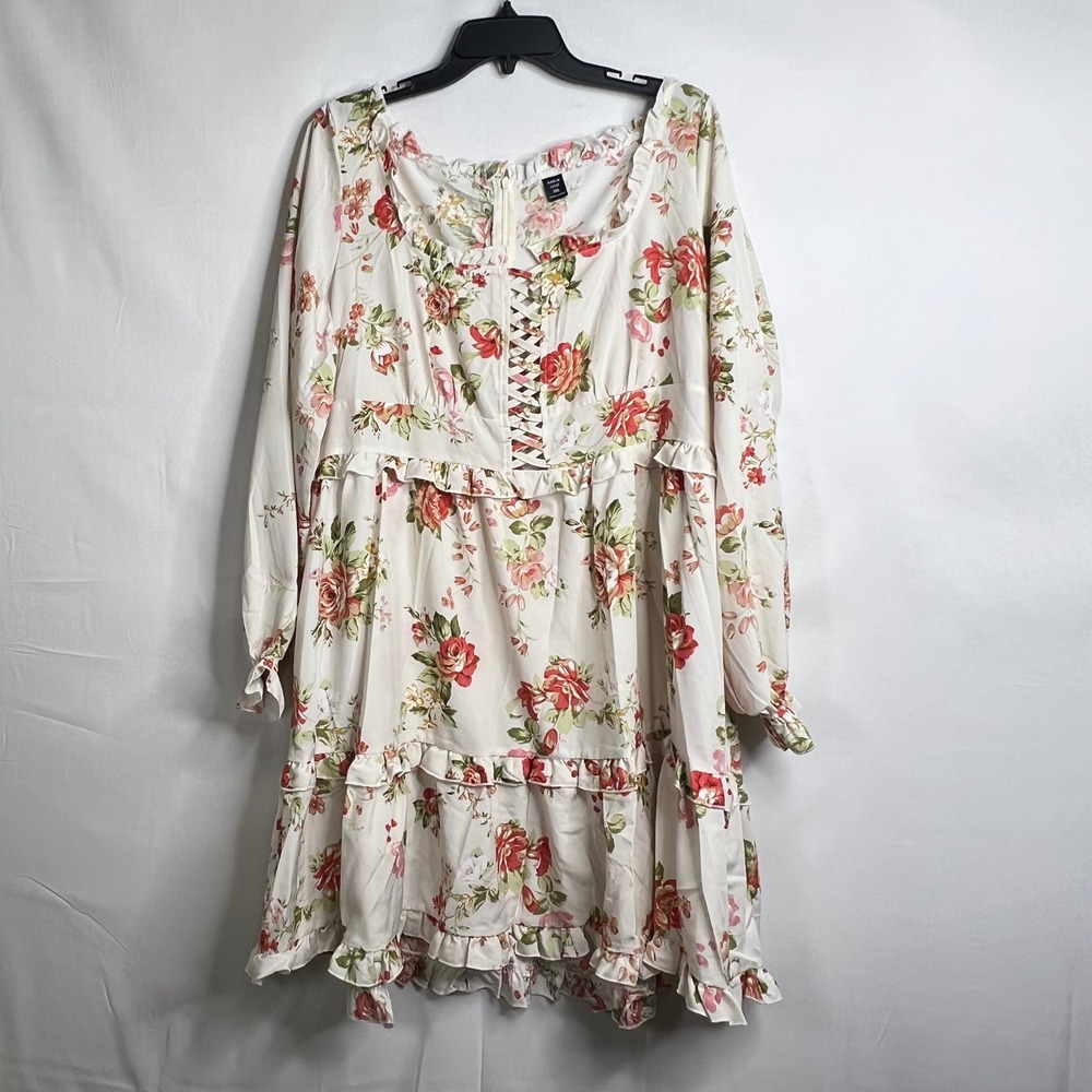Cream Floral Lace Up Dress 2XL Ruffle Long Sleeve Cottagecore Milkmaid Whimsical